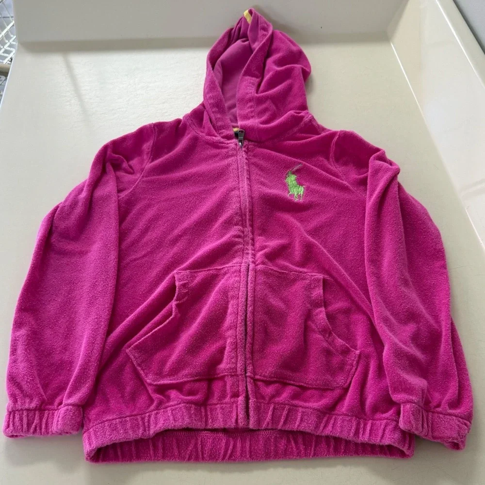 Polo Ralph Lauren Girls Pink Terry Cloth Full Zip Hoodie Sweatshirt Size M 8-10